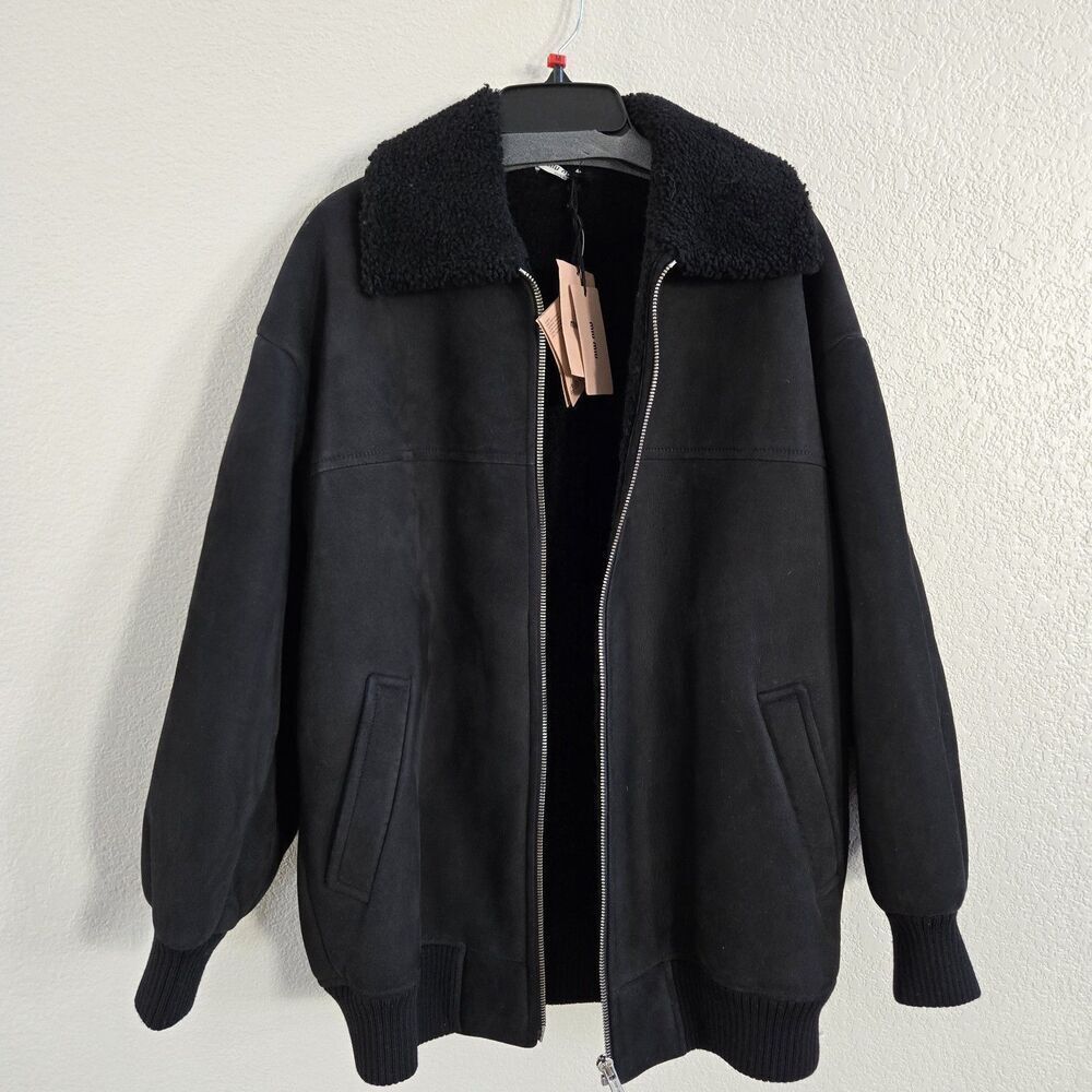 Miu Miu Black Shearling Bomber Oversized Jacket Coat size 38 2 XS NEW